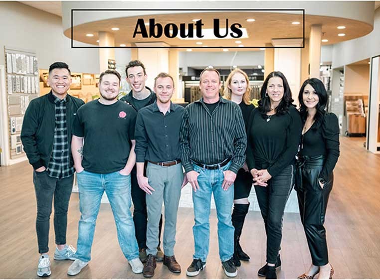 Company staff standing together inside the store, with the caption "About us"